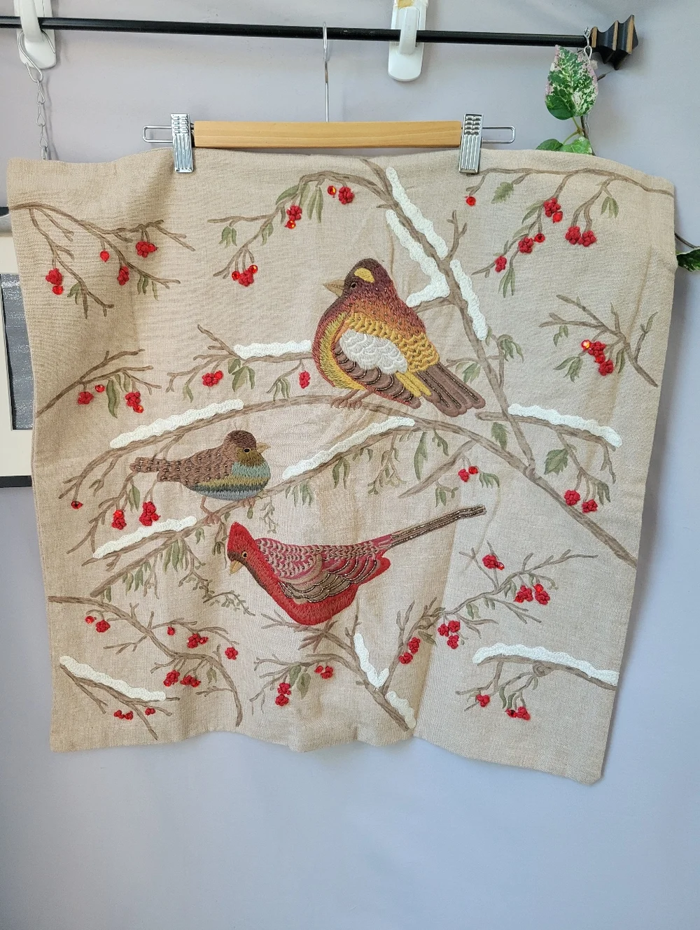 Pottery Barn Embroidered Winter Birds on Branch Cotton Pillow Cover 24 x 24